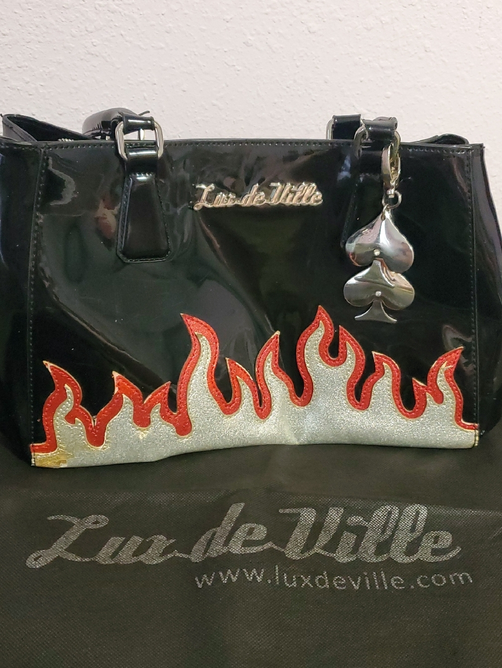 Lux de Ville Black Patent Tote with Red & Silver Flame Trim